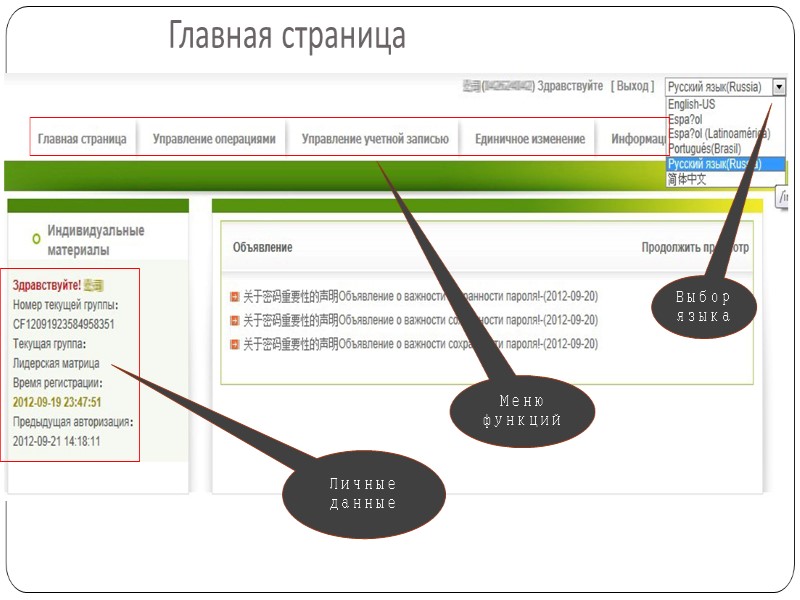 Главная страница  Выбор языка Меню функций Личные данные